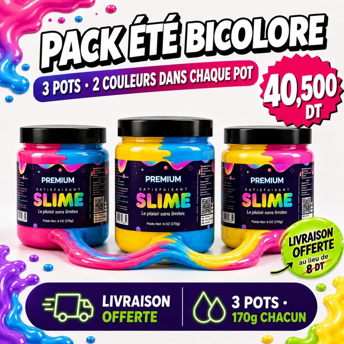 Pack Été Bicolore HK Games — 3 pots de slime bicolore, livraison offerte