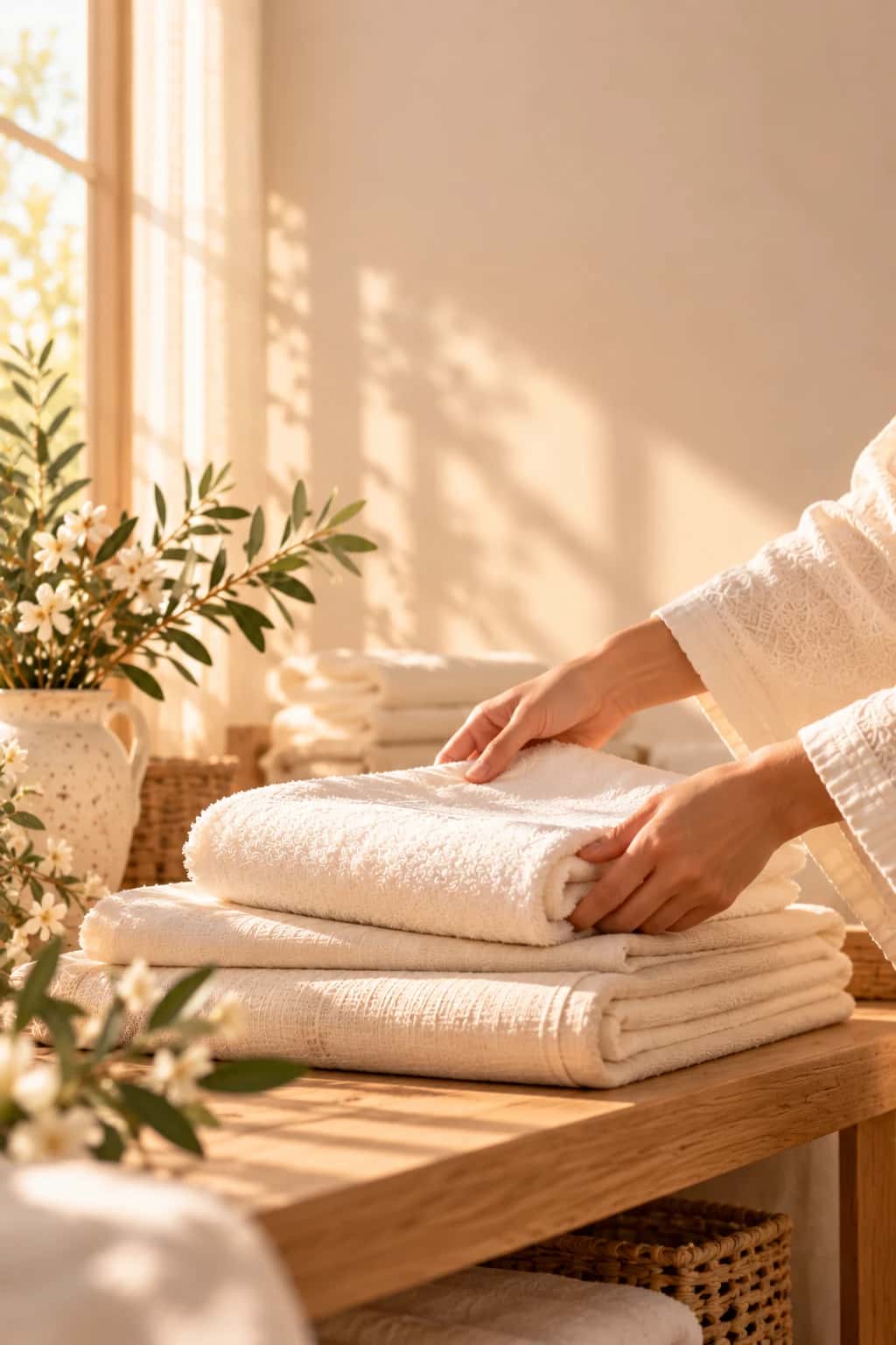 Des mains posent une serviette pliée sur une pile de linge