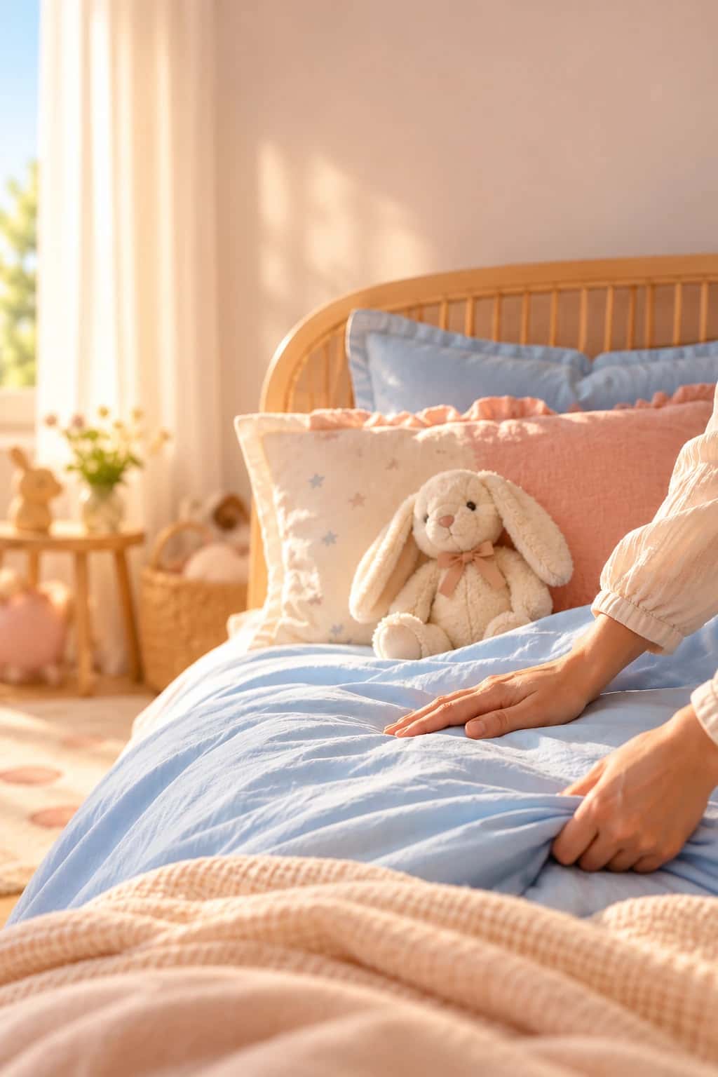 Des mains lissent un drap bleu ciel dans une chambre d’enfant