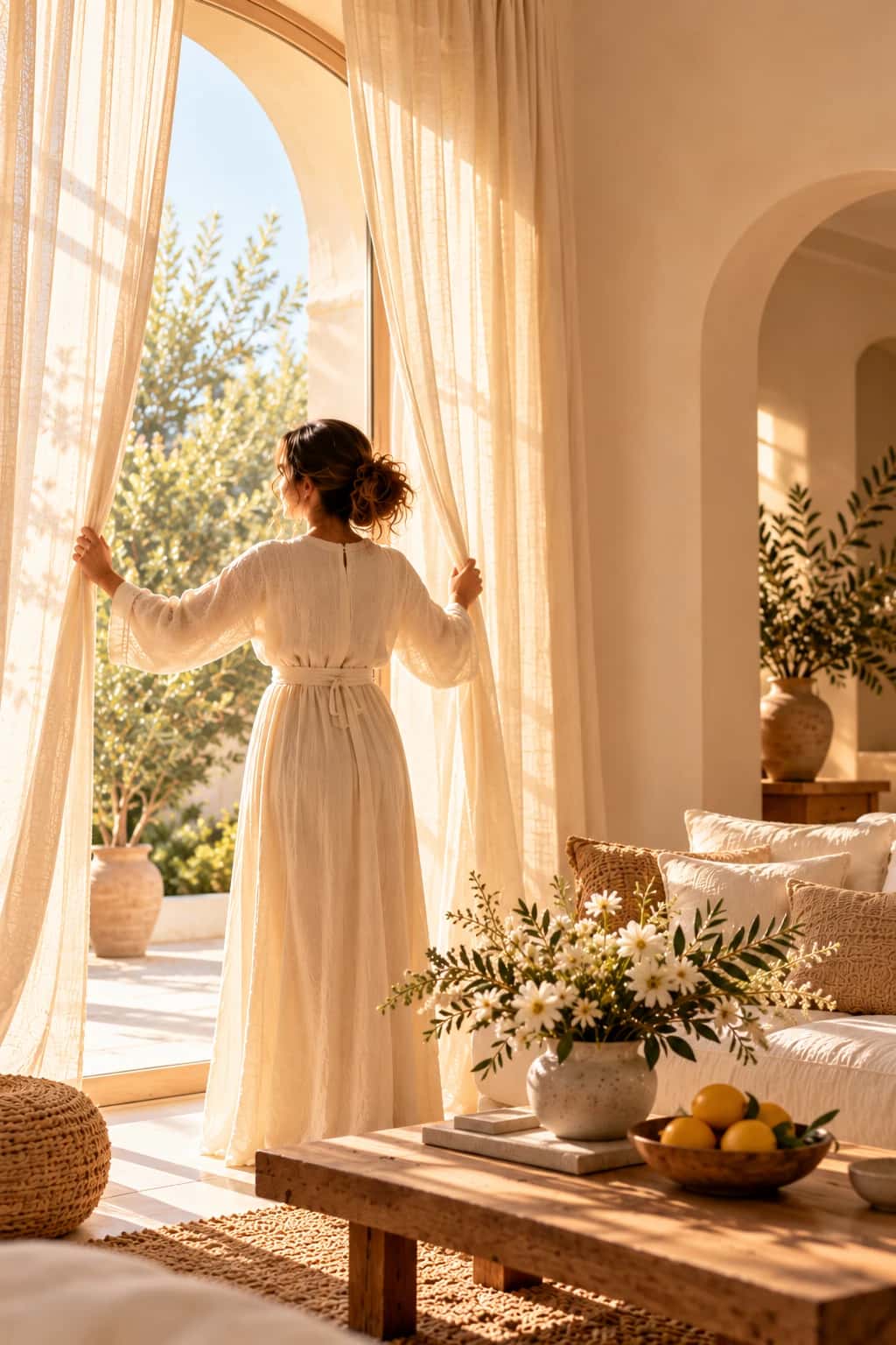 Une femme ouvre les voilages sur la lumière du matin