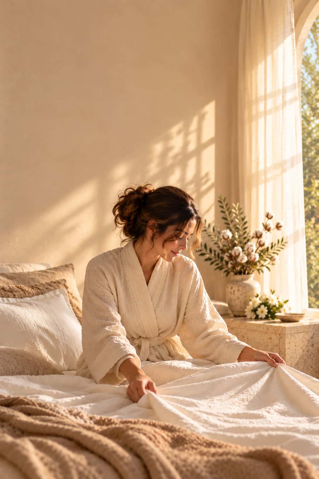 Une femme lisse un drap de lin dans une chambre lumineuse