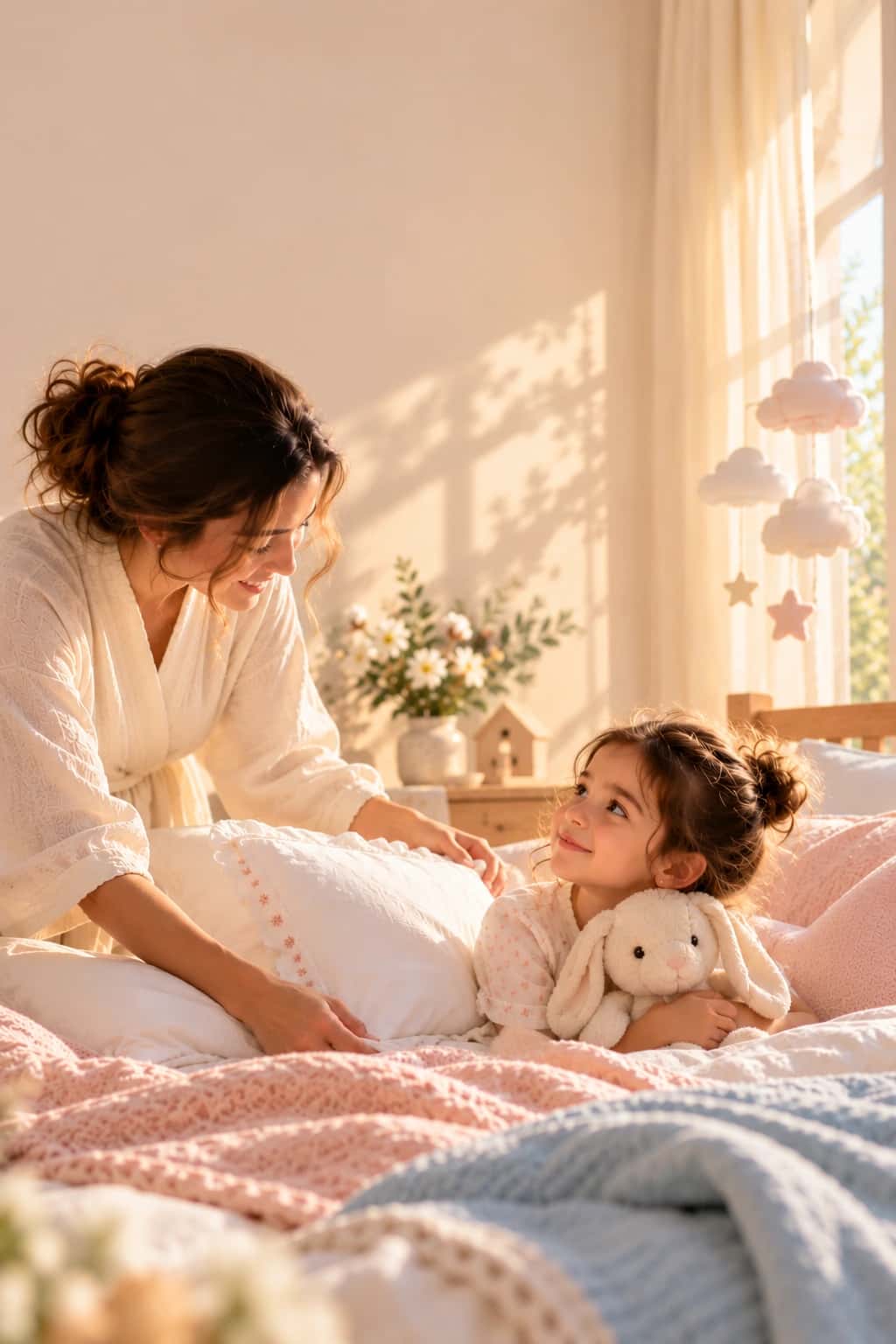 Une enfant serre sa peluche près de sa maman