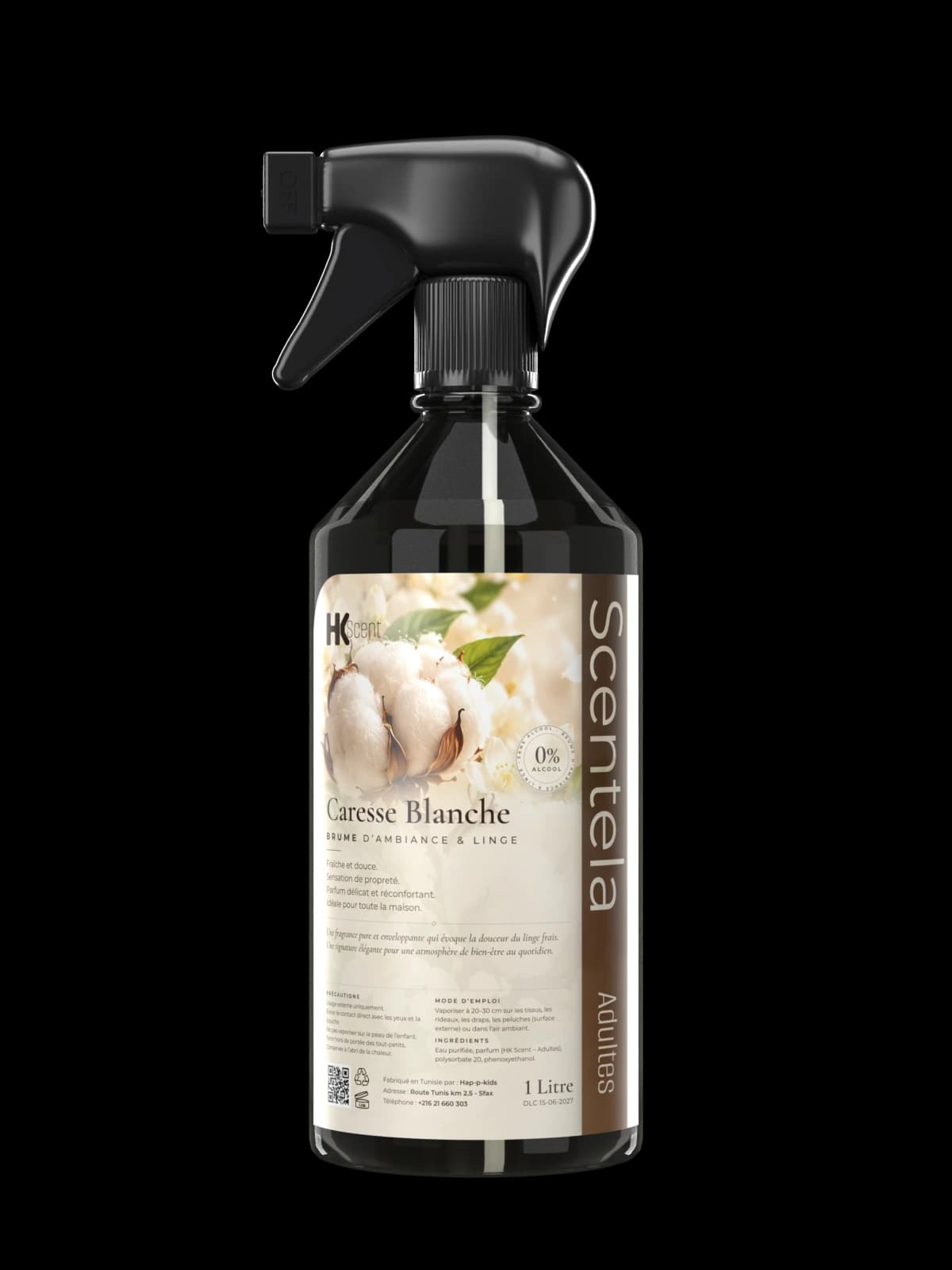 Flacon Scentela Caresse Blanche, brume d’ambiance et linge, 1 litre, gamme adultes