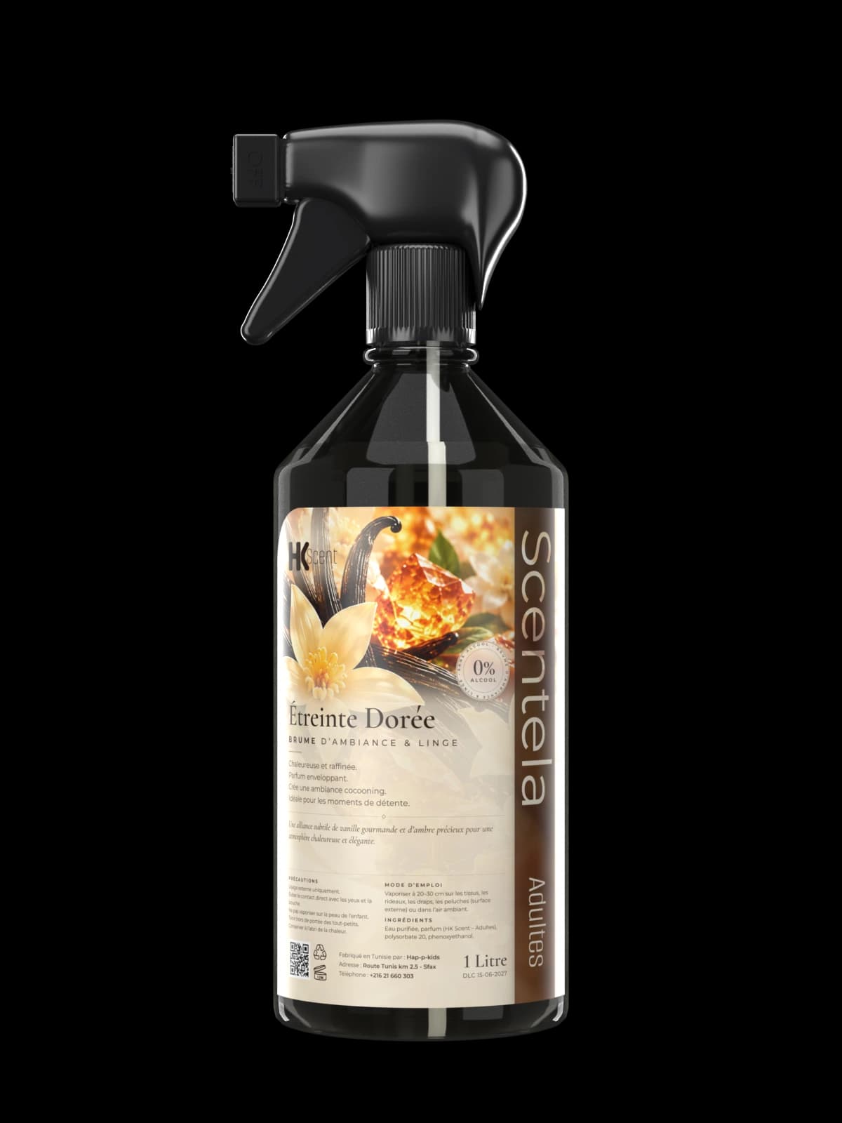 Flacon Scentela Étreinte Dorée, brume d’ambiance et linge, 1 litre, gamme adultes