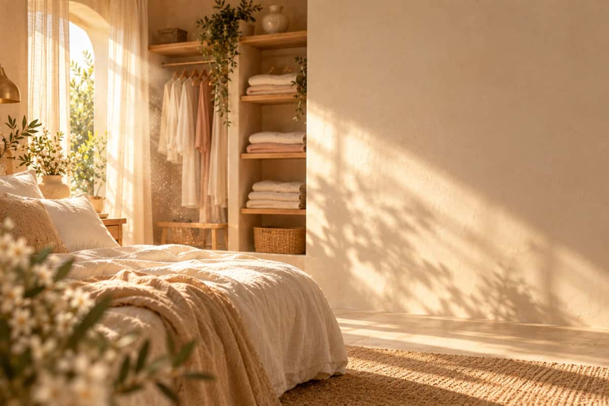 Un rayon de lumière sur un lit fait et du linge plié