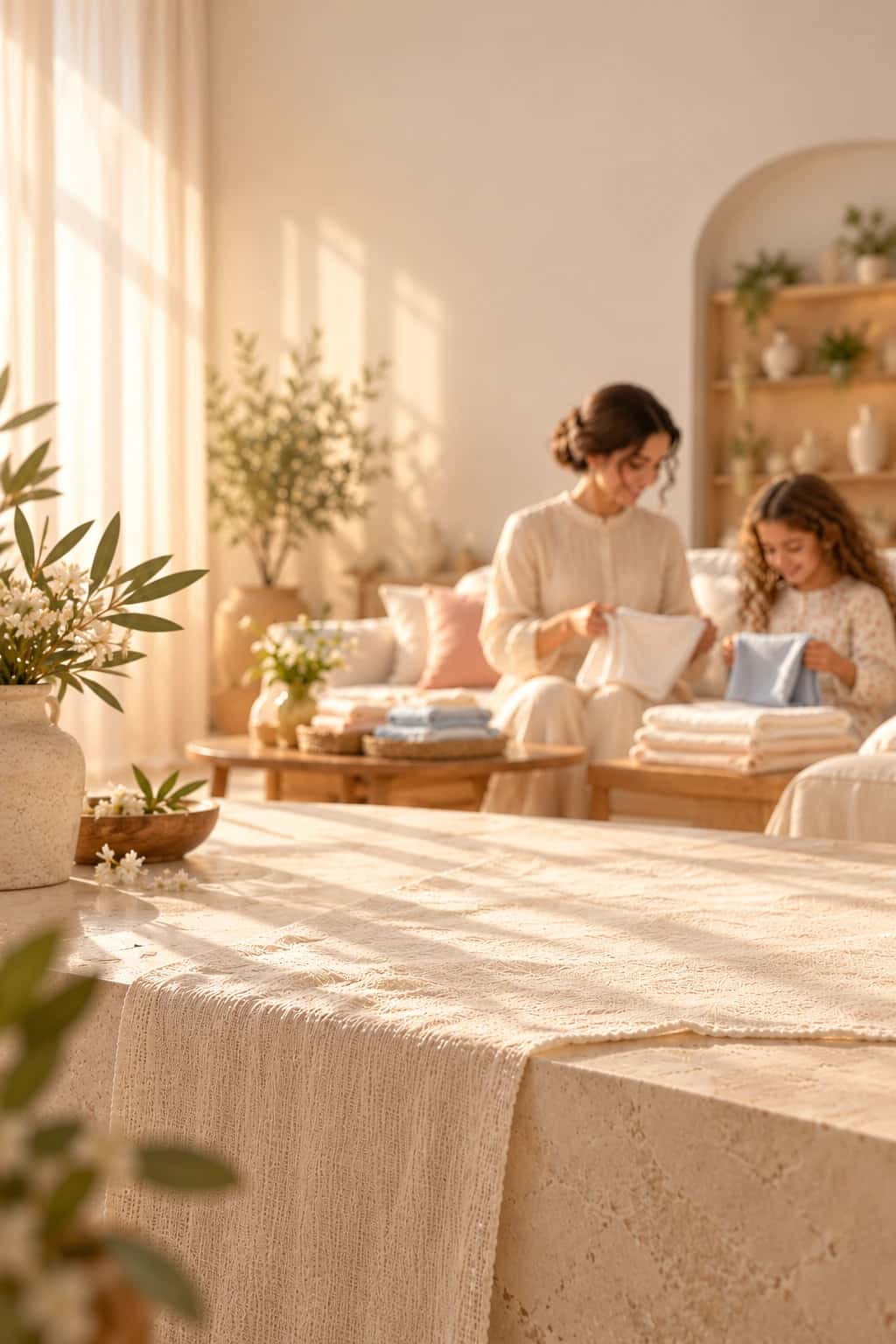 Un salon familial et une console en pierre