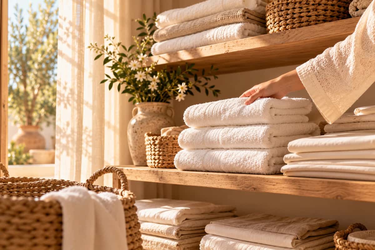 Du linge plié sur des étagères en chêne clair