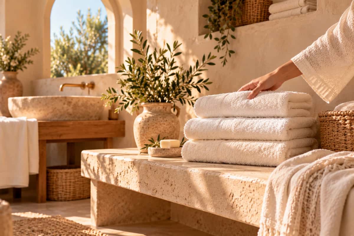 Une salle de bain claire aux serviettes blanches