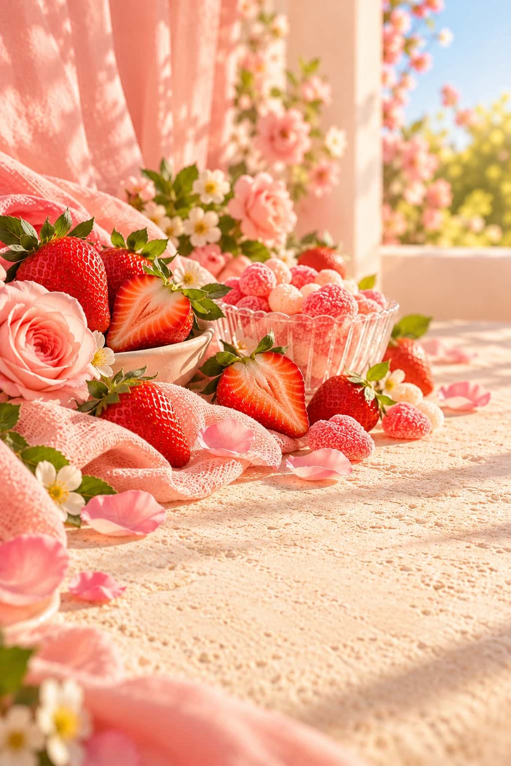 Éclat de Rire — fraises, pétales de rose et bonbons roses