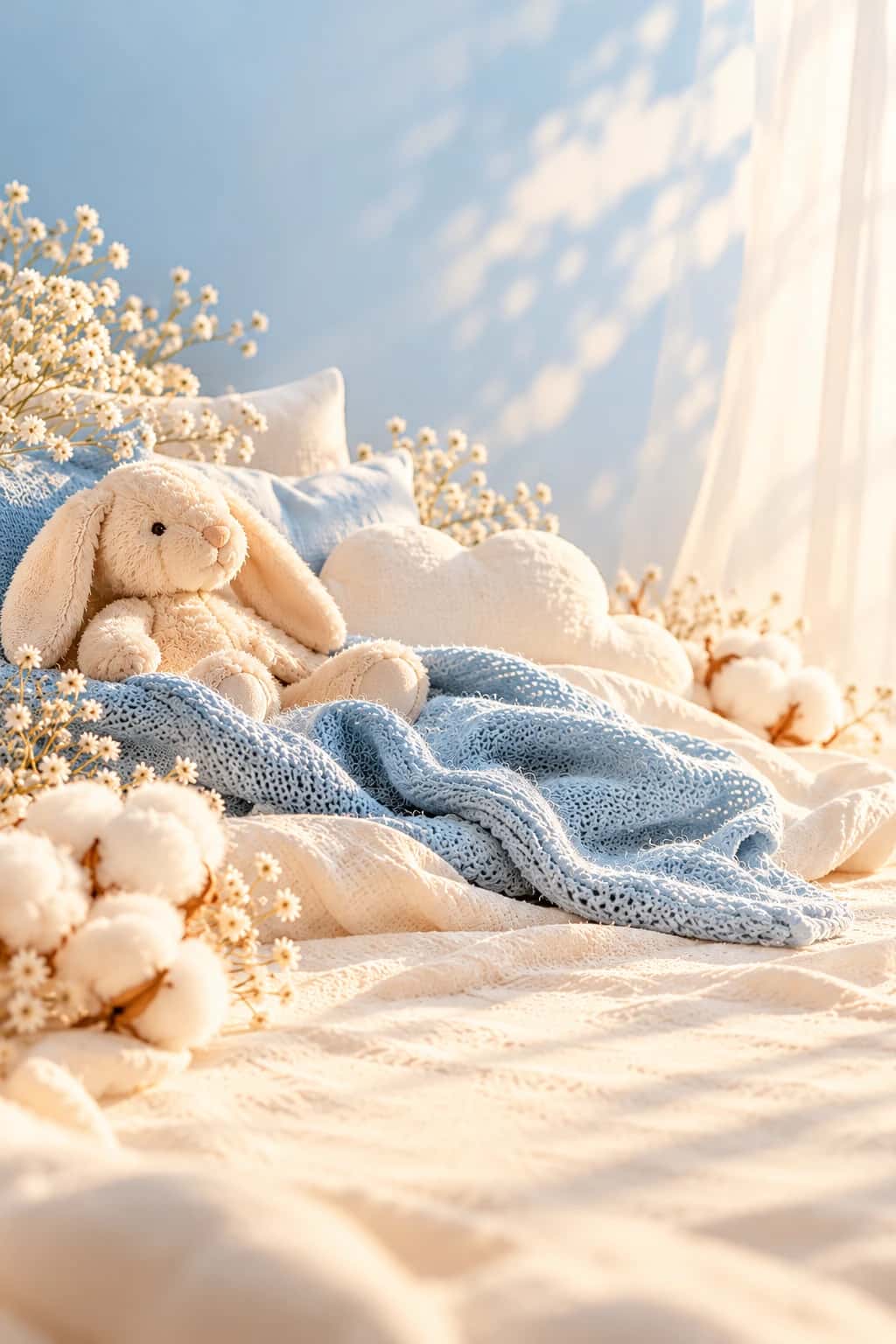 Nuage de Câlin — nuages de coton, couverture bleu ciel et peluche